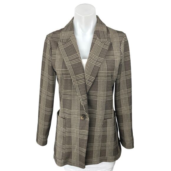 H&M Women's Brown Beige Plaid Peak Long Sleeve Blazer Coat Suit Jacket Size 6 - Picture 1 of 4